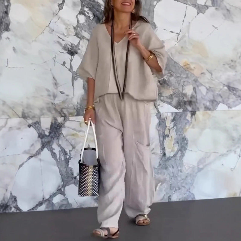 Women's Casual V-Neck Loose Pocket Mid Sleeve Cotton Linen Suit