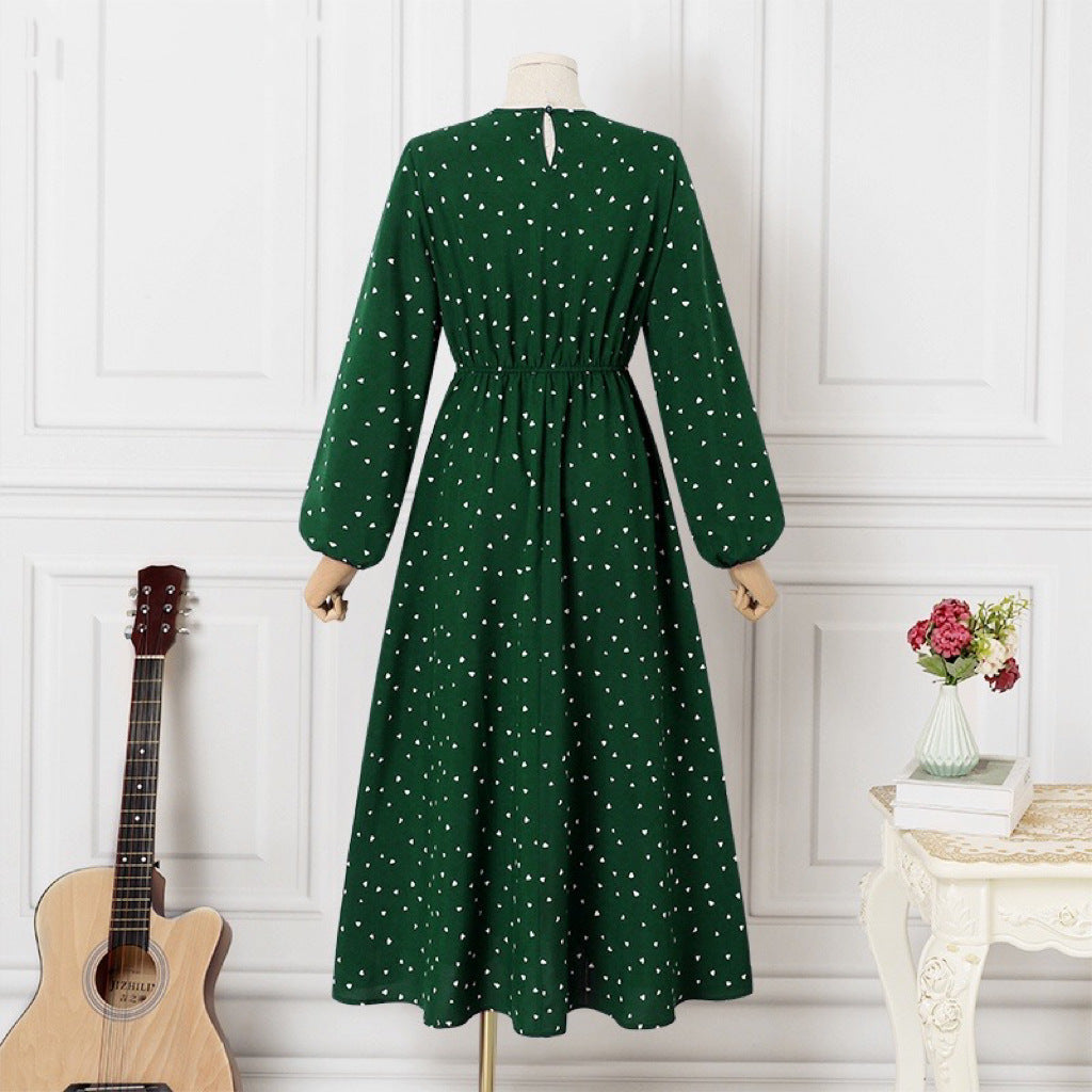 （25% Off Any Two Items）New Casual Loose Waist Long Sleeve Round Neck Heart Printed Dresses