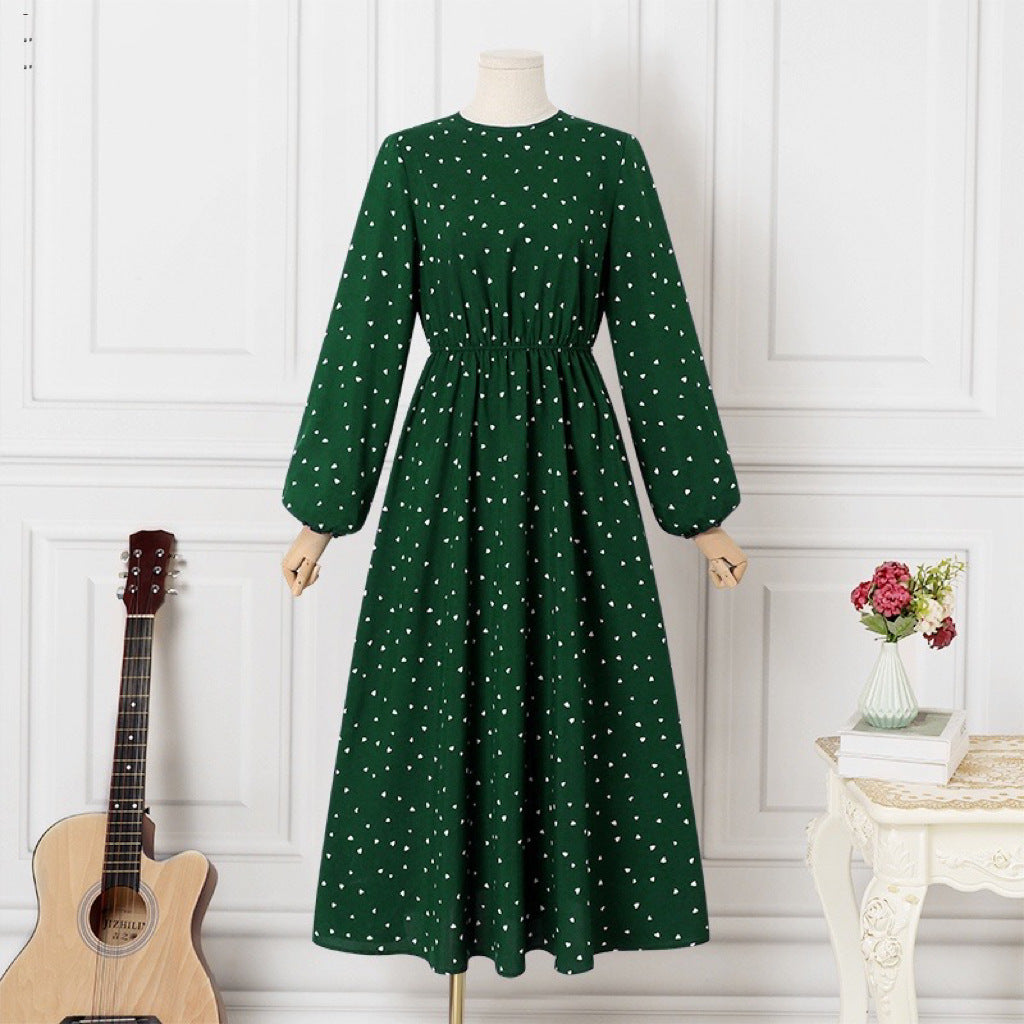 （25% Off Any Two Items）New Casual Loose Waist Long Sleeve Round Neck Heart Printed Dresses