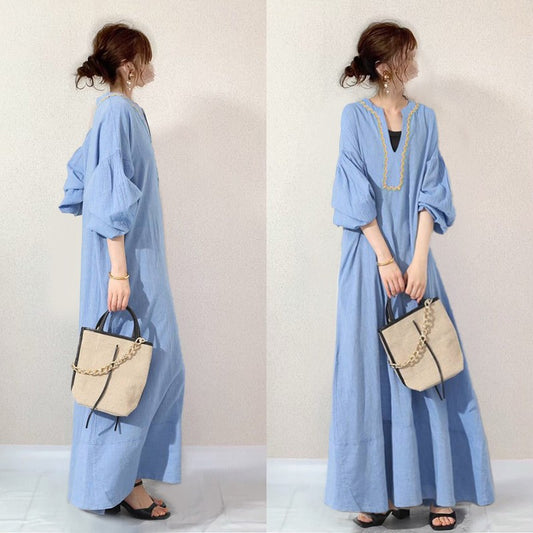 2025 New Fashion Casual Full Sleeve Solid Color Vintage Embroidered Neck Lantern Sleeve Dresses