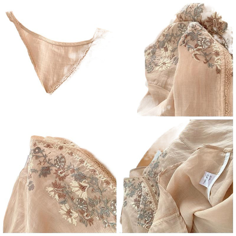 Tencel Cotton Shirt Women Literary Loose v-Neck Pullover Embroidery Medium Sleeve Tops