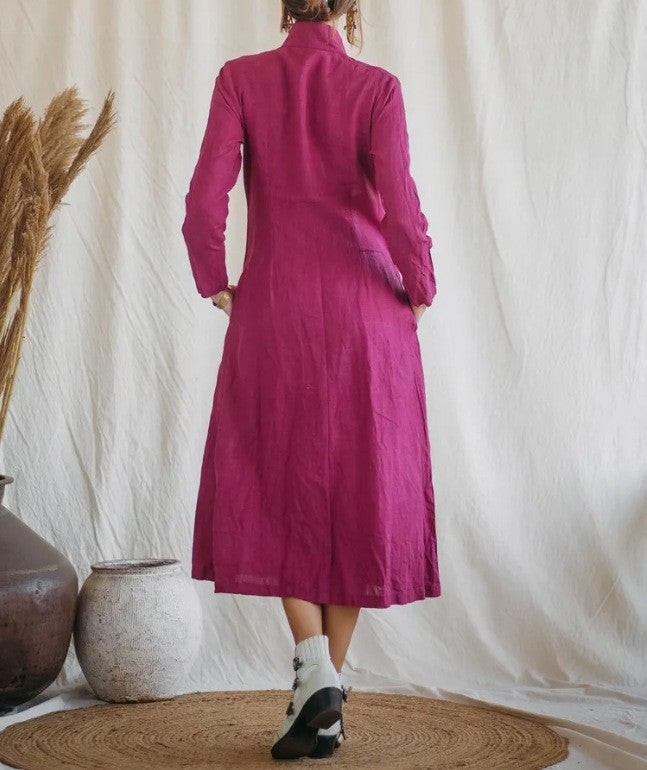 Cotton Linen Long Irregular Dress Shirt Neck Twisted Button Casual Long Dresses