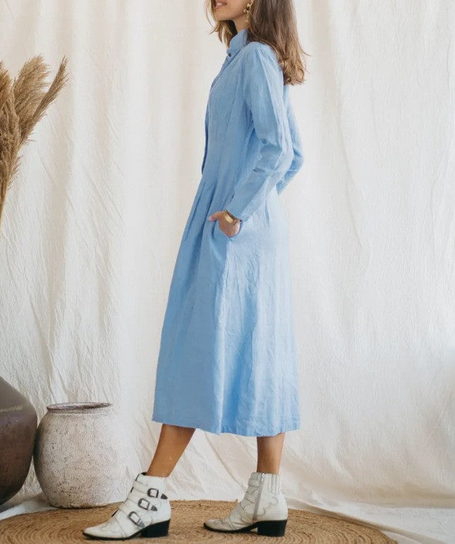 Cotton Linen Long Irregular Dress Shirt Neck Twisted Button Casual Long Dresses