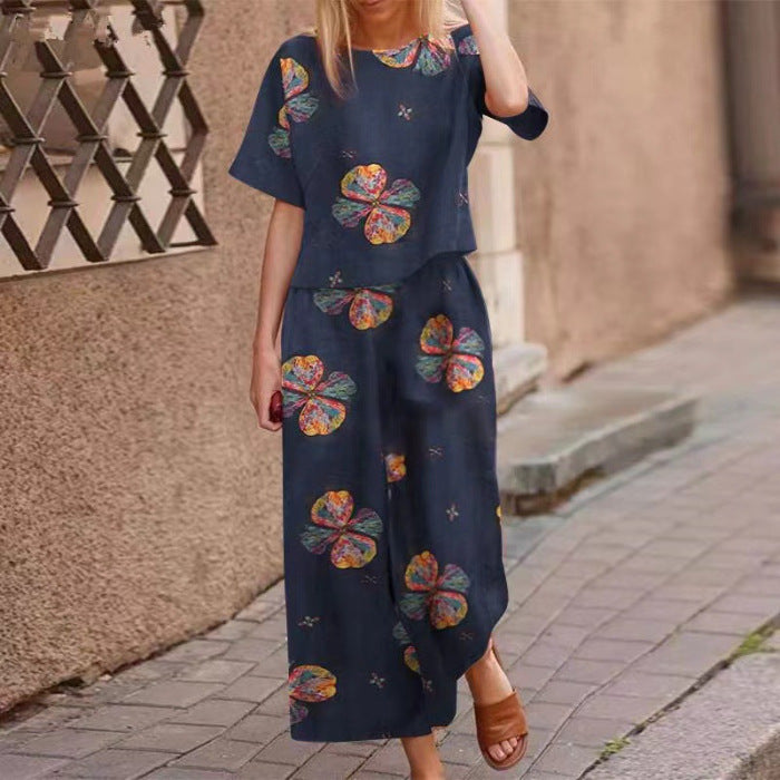 2025 New Women's Printed Cotton Linen Job Short Sleeve Casual Nine Minute Pants Set