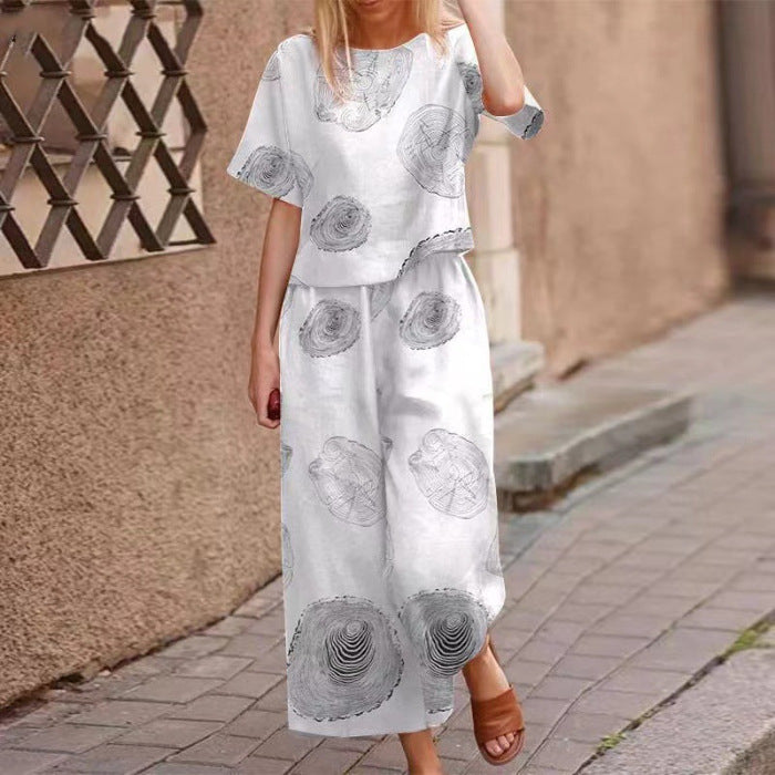 2025 New Women's Printed Cotton Linen Job Short Sleeve Casual Nine Minute Pants Set