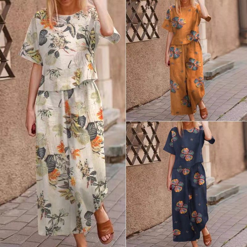 2025 New Women's Printed Cotton Linen Job Short Sleeve Casual Nine Minute Pants Set