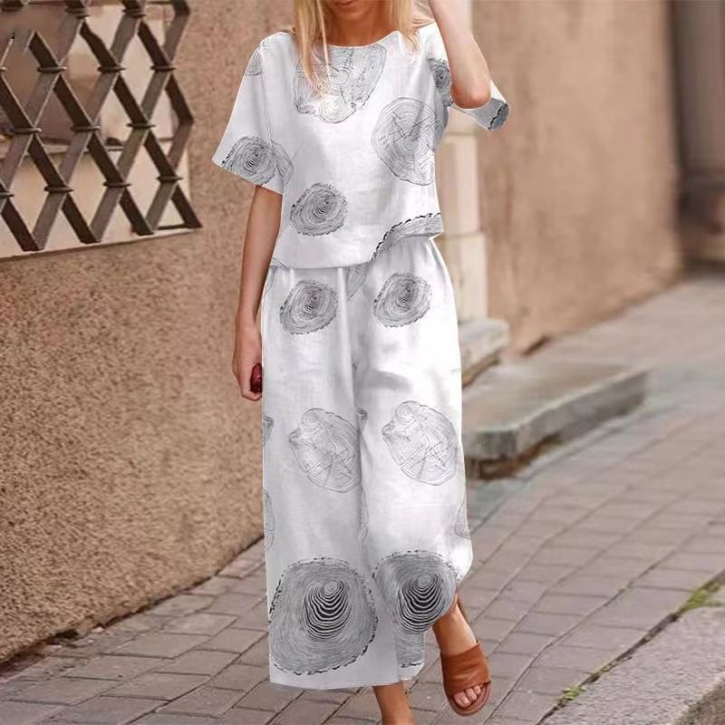 2025 New Women's Printed Cotton Linen Job Short Sleeve Casual Nine Minute Pants Set