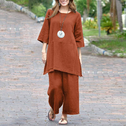 Solid Color Vintage Pants Set Cotton Linen Loose Cotton Set