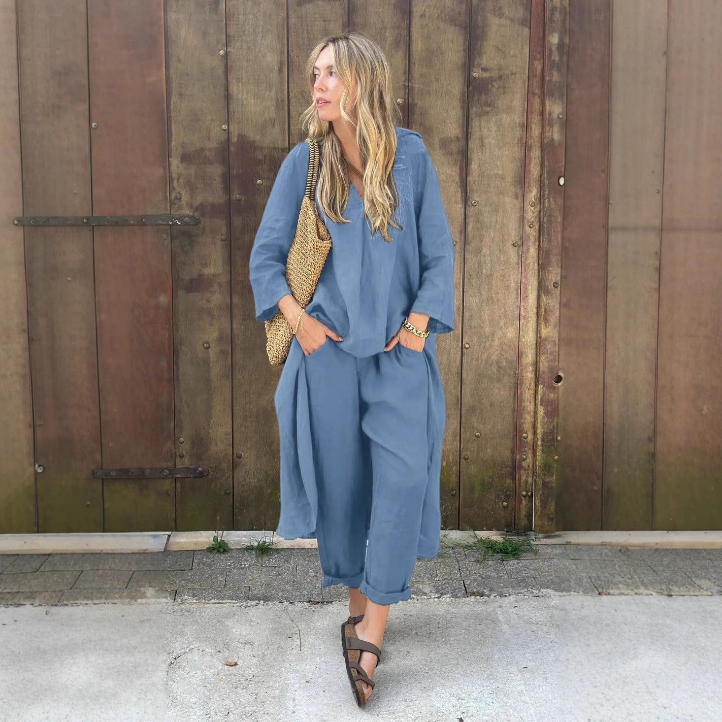 2025 Large Size Cotton Linen Shirt Set High Waisted Loose Pants