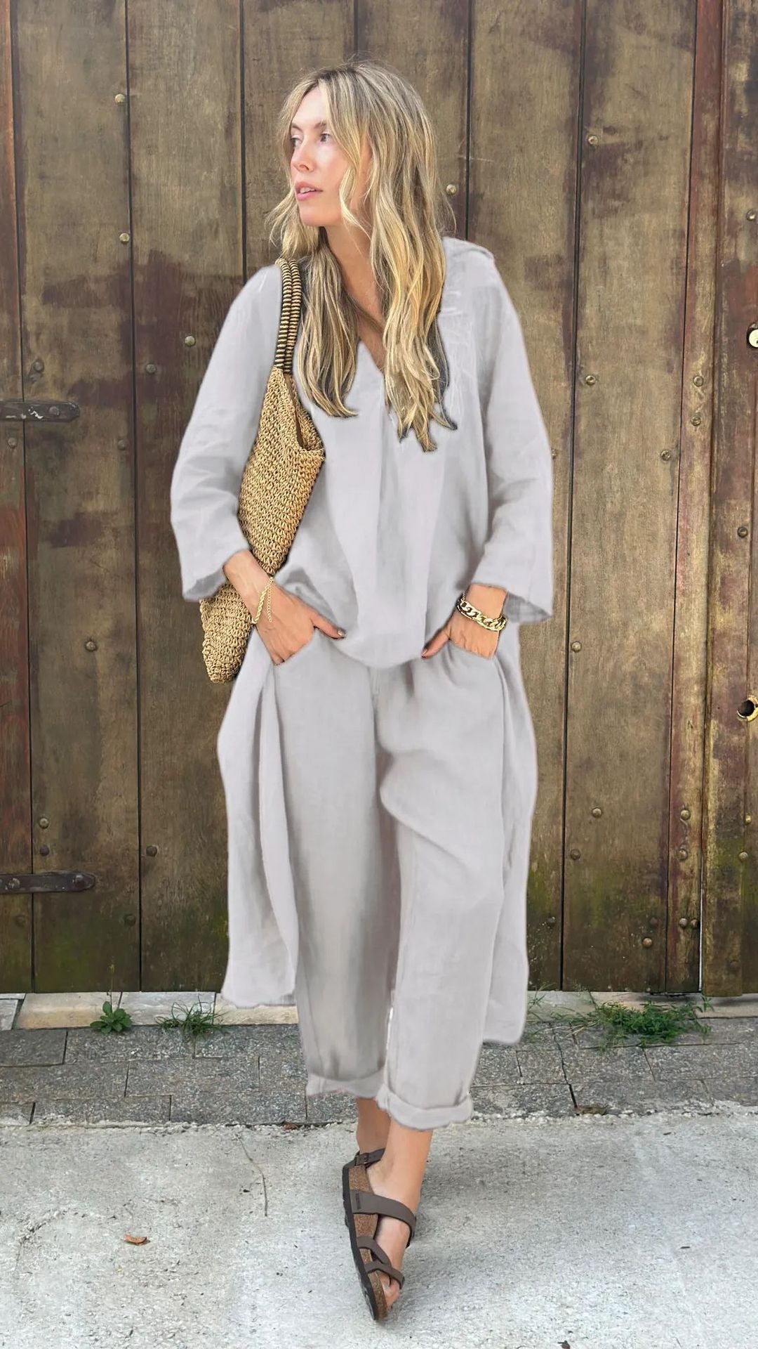 2025 Large Size Cotton Linen Shirt Set High Waisted Loose Pants