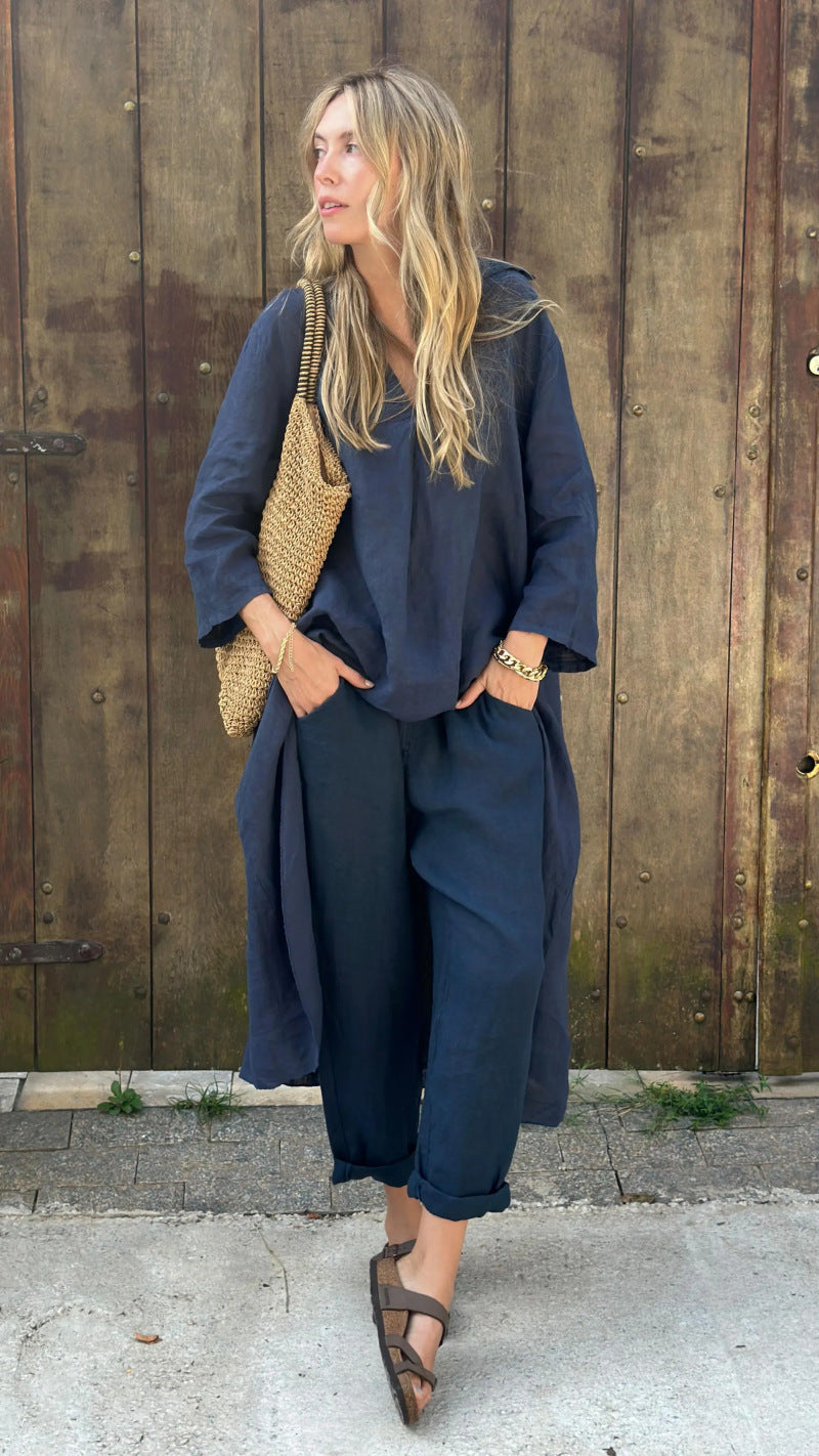 2025 Large Size Cotton Linen Shirt Set High Waisted Loose Pants