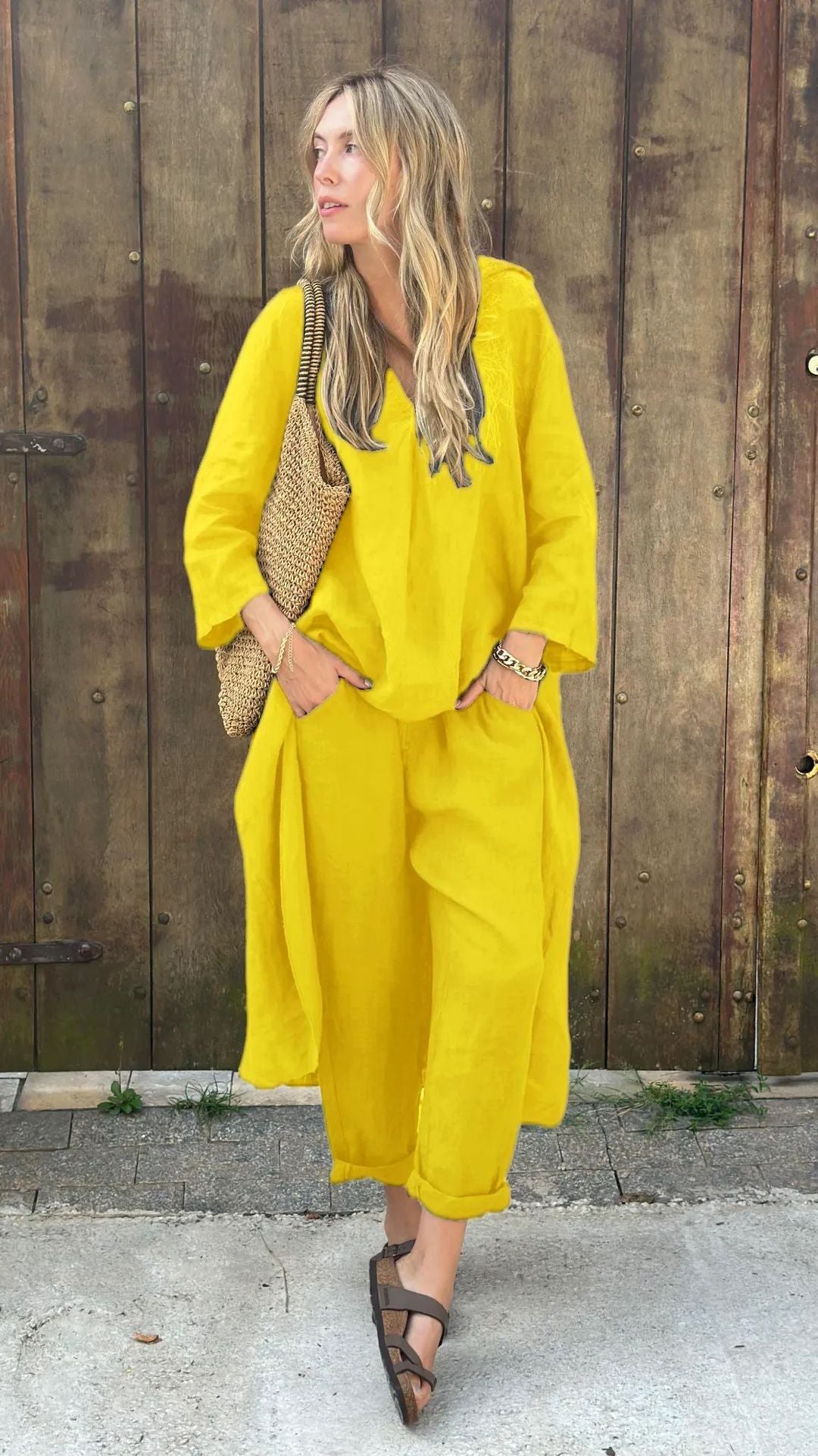 2025 Large Size Cotton Linen Shirt Set High Waisted Loose Pants