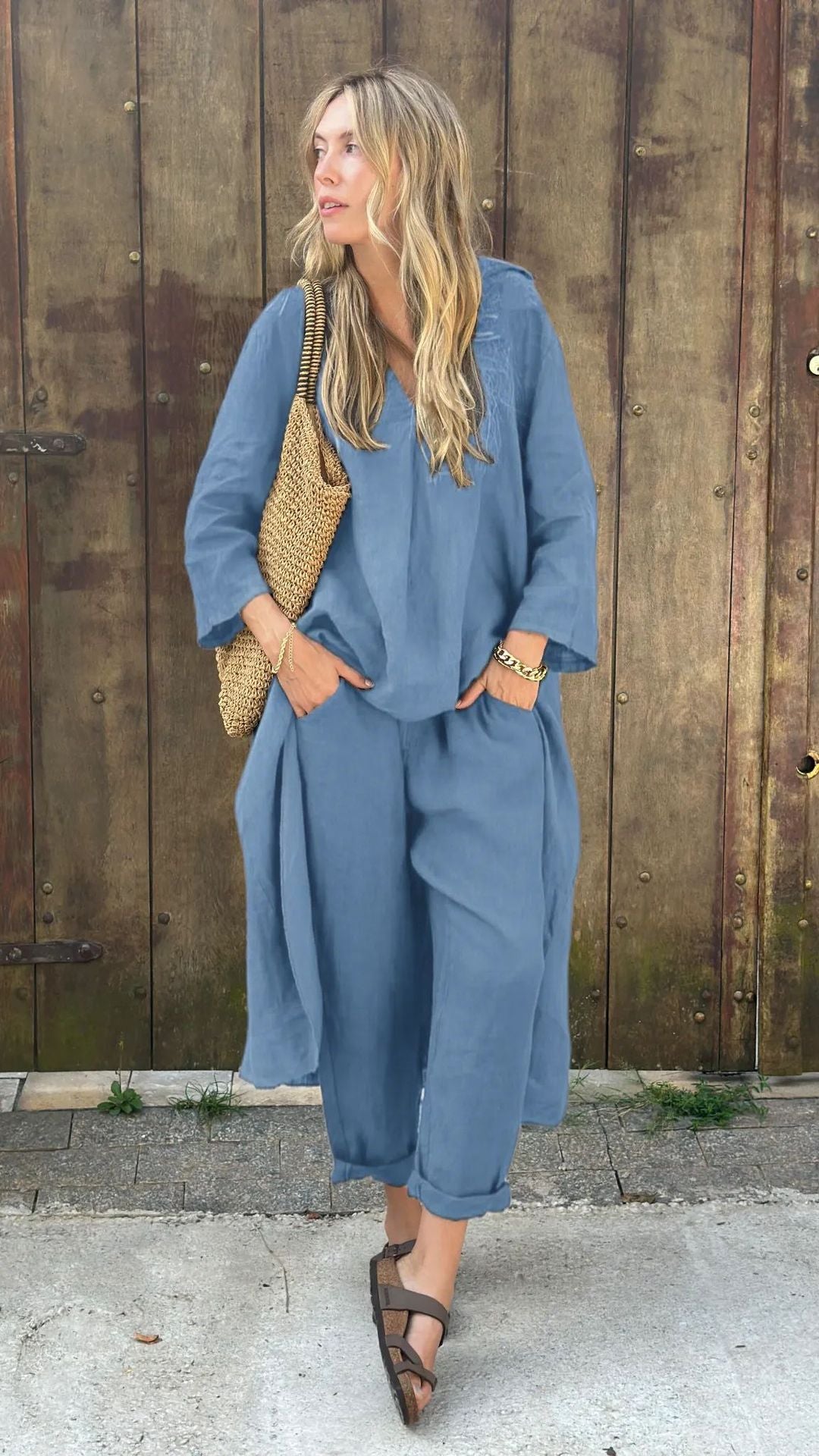 2025 Large Size Cotton Linen Shirt Set High Waisted Loose Pants