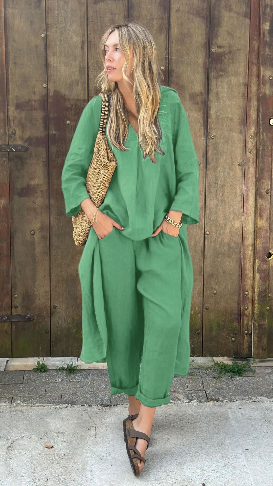 2025 Large Size Cotton Linen Shirt Set High Waisted Loose Pants