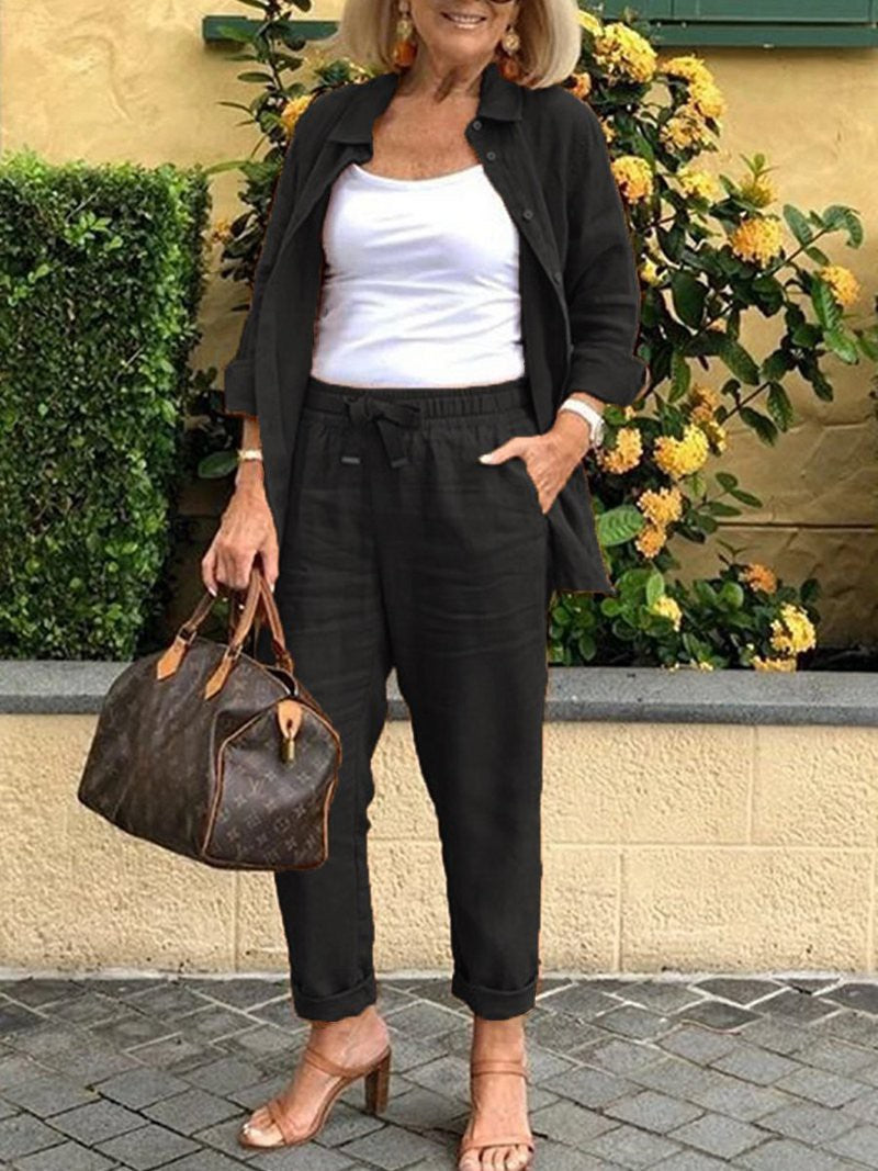 (Any two items 25% off ) Casual cotton-linen jacket and loose-fitting trousers set