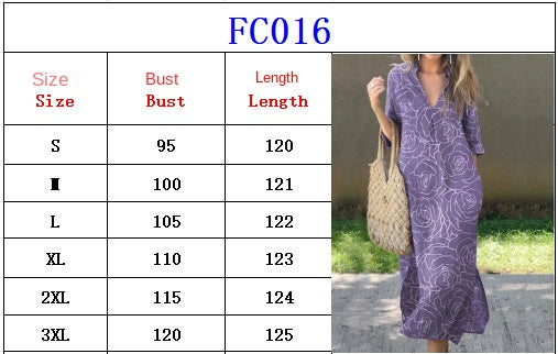 Casual Summer Loose Skirt Slit V Neck Printed Faux Hemp Dresses