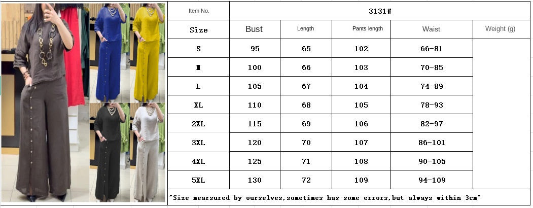 2025 Fashion Casual Loose Solid Color Cotton Linen Short Sleeve Shirt Long Pants Two Piece Suit