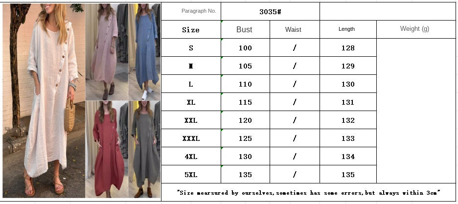 2025 Loose Casual Round Neck Long Sleeve Solid Colour Cotton Linen Dress