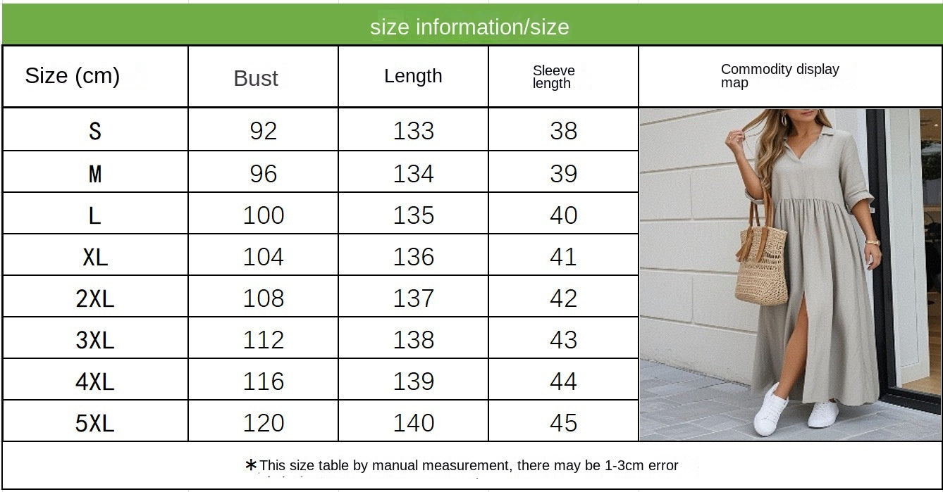 2025 Fashion V-Neck Loose Split Peplum Cotton Linen Solid Long Dress