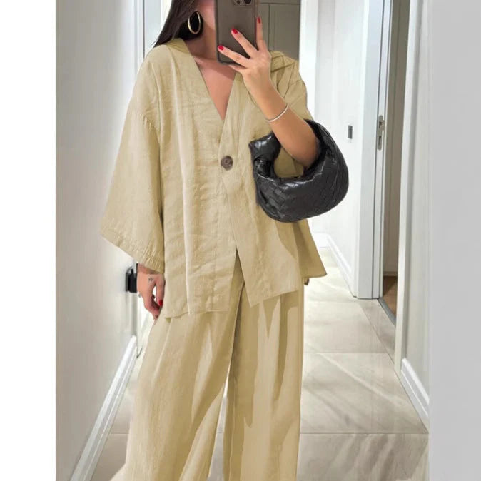 2025 Loose Women's V-Neck Top and Wide Leg Pants Casual Set