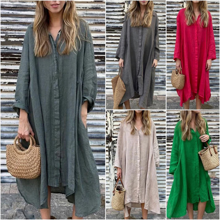 2025 Summer Loose Solid Color Cotton and Linen Fashion Long Sleeve Shirt Long Dress