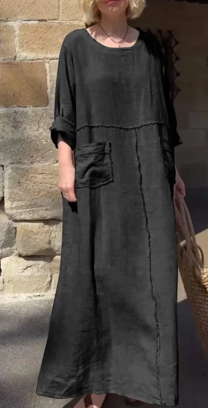 Round Neck Cotton Linen Long Sleeve Casual Pleated Double Side Pocket Dress