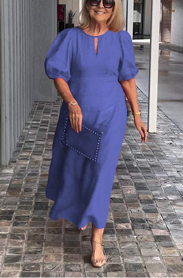 Women's Solid Color Loose Casual Crewneck Puff Sleeve Dress