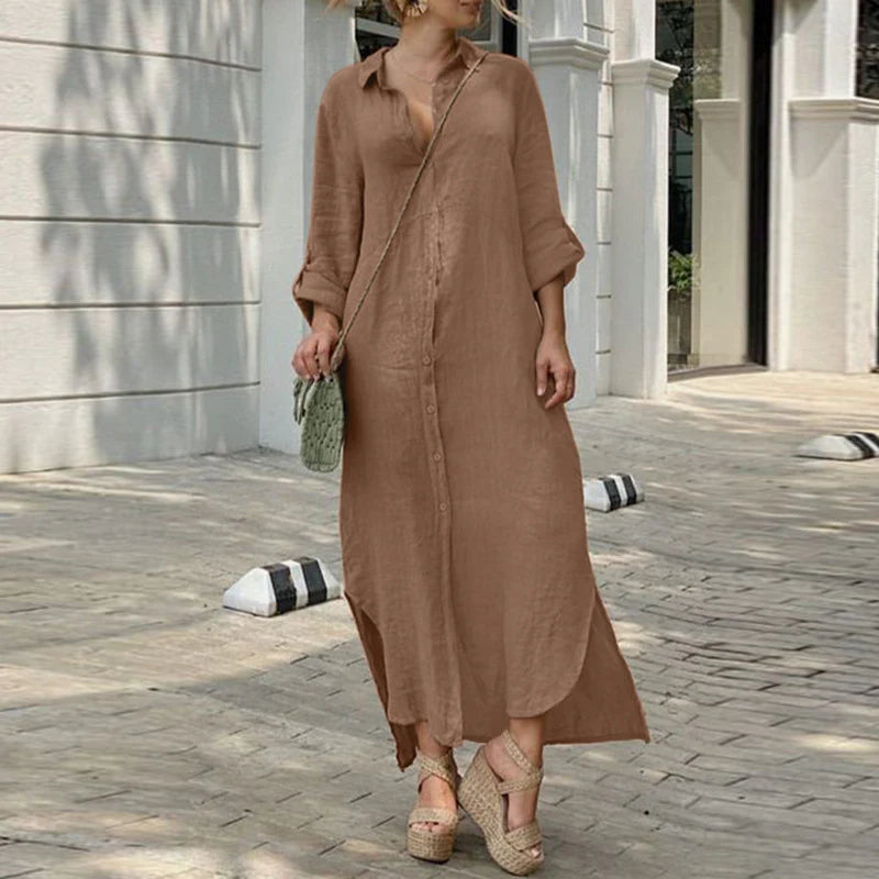 Cotton linen dress new shirt collar cotton linen button long dress