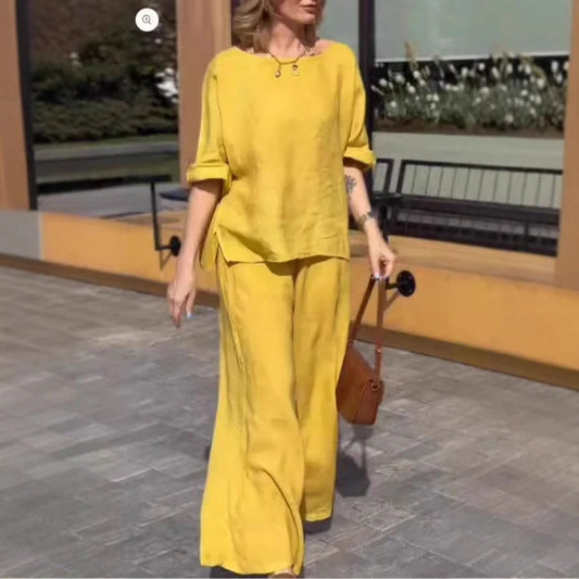 New cotton linen suit women's fashion solid color loose casual trousers two-piece