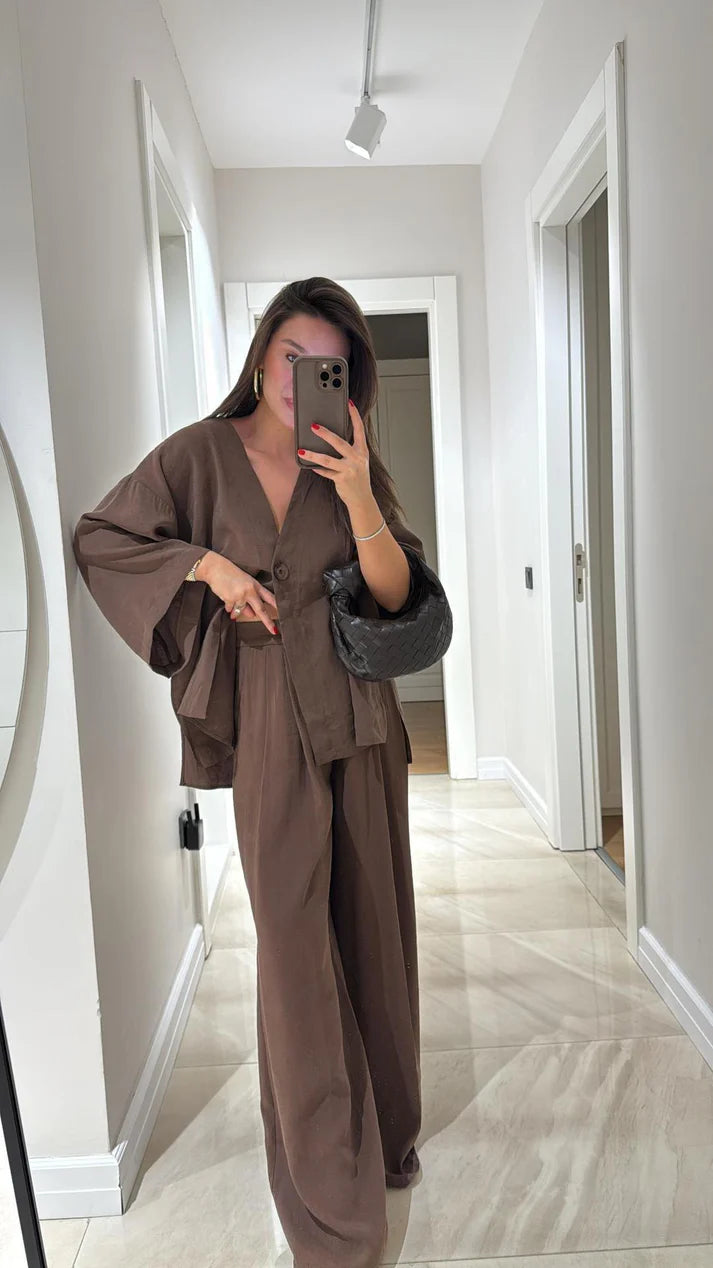 Casual suit V-neck one-button loose long-sleeved blouse high-waisted suit pants two-piece set