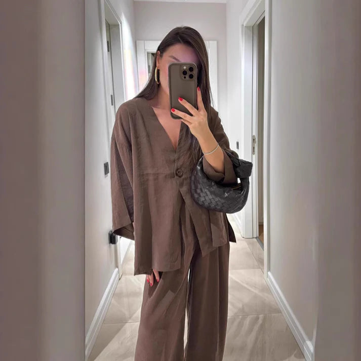 Casual suit V-neck one-button loose long-sleeved blouse high-waisted suit pants two-piece set