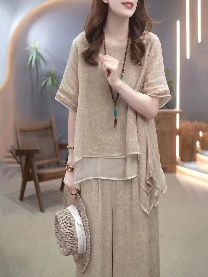 Cotton linen suit plus size women's irregular hem top wide leg trousers two-piece set