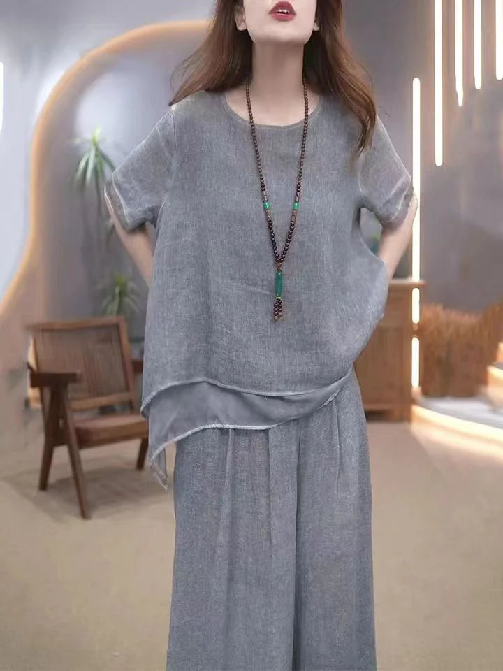 Cotton linen suit plus size women's irregular hem top wide leg trousers two-piece set