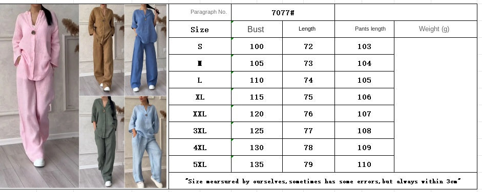 2 Piece Plus Size Cotton Linen Shirt Set High Waisted Loose Trousers