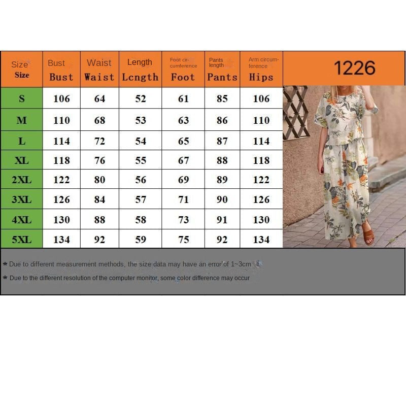 2025 New Women's Printed Cotton Linen Job Short Sleeve Casual Nine Minute Pants Set