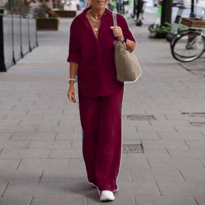 【2 pieces 25% off】Casual solid color lapel long-sleeved shirt wide-leg suit